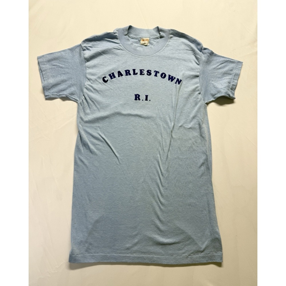 Vintage 80s Charlestown RI T-Shirt Light Blue Roach Tag L USA Single Stitch